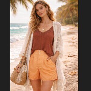 Free People Pleated Shorty Shorts Orange High Rise Boho‎ Festival Womens XS NWT